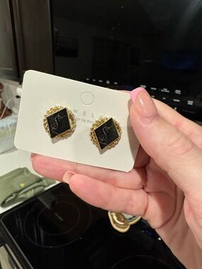 Gold and Black Square Rope-Edge Stud Earrings